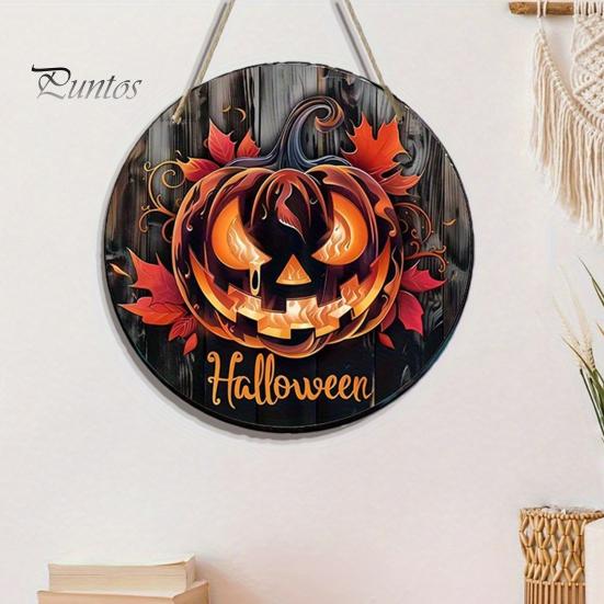 Fall Seasonal Door Hanger Halloween Wooden Sign, Flame Pumpkin Maple Leaf Printed Round Hanging Plaque, Wall for Shop Window Waterproof Decorative