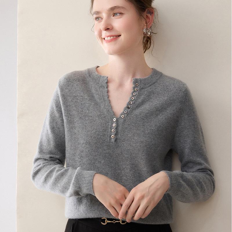 Women's 100% Pure Cashmere Knitwear: Autumn/Winter Half-Open Collar, Multi-Button Base Layer Top