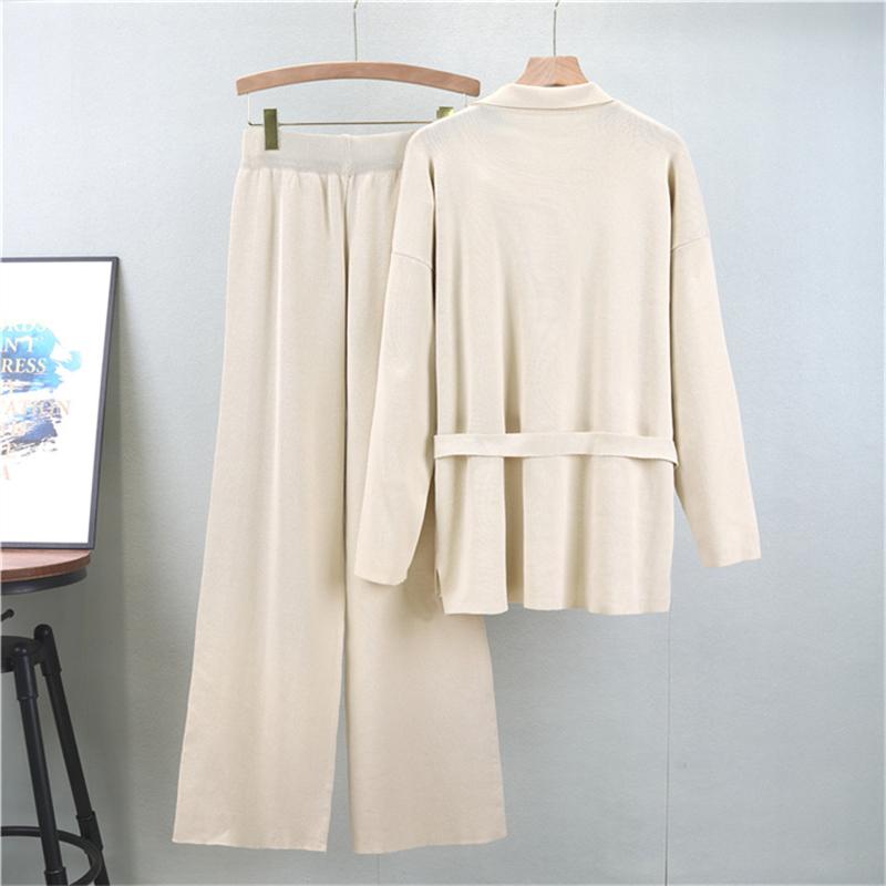 Fashion Knitted Set Women's Autumn New Style Loose Medium to Long Collar Cardigan Wide Leg Pants Two Piece Set