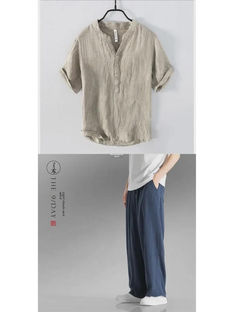 Men's Retro Linen V-Neck Short-Sleeve T-Shirt