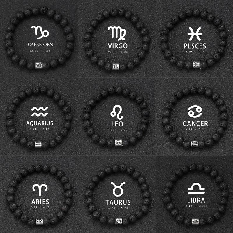Bracciale da Uomo in Pietra Vulcanica Naturale Bracciale 12 Segni Zodiacali Vergine Capricorno Toro Acquario Sagittario Cancro Ariete