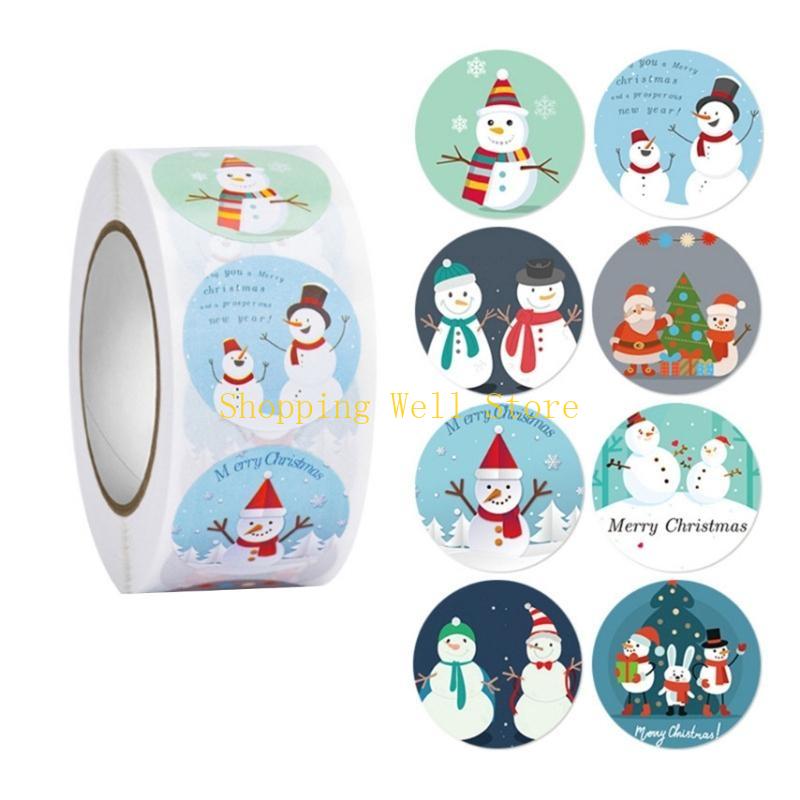 KX4B 500pcs/roll Merry Christmas Stickers Round Adhesive Christmas Theme Seal Labels