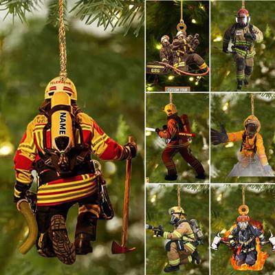 Christmas Tree Firefighter Ornament with Lanyard Widely Used Car Rearview Mirror Firefighter Pendant Hanging Decoration