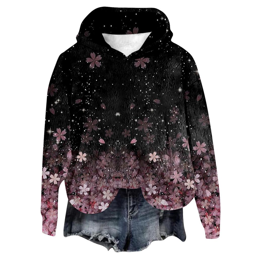 Women's Hooded Long Sleeve Printed Flannel Top Hooded Sweatshirt