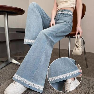 Shallow Lace Floral Lace Jeans Women Spring Large Size Apparently Skinny High Waisted Loose Micro Flared Trousers Jeans for Women Long Denim Pants