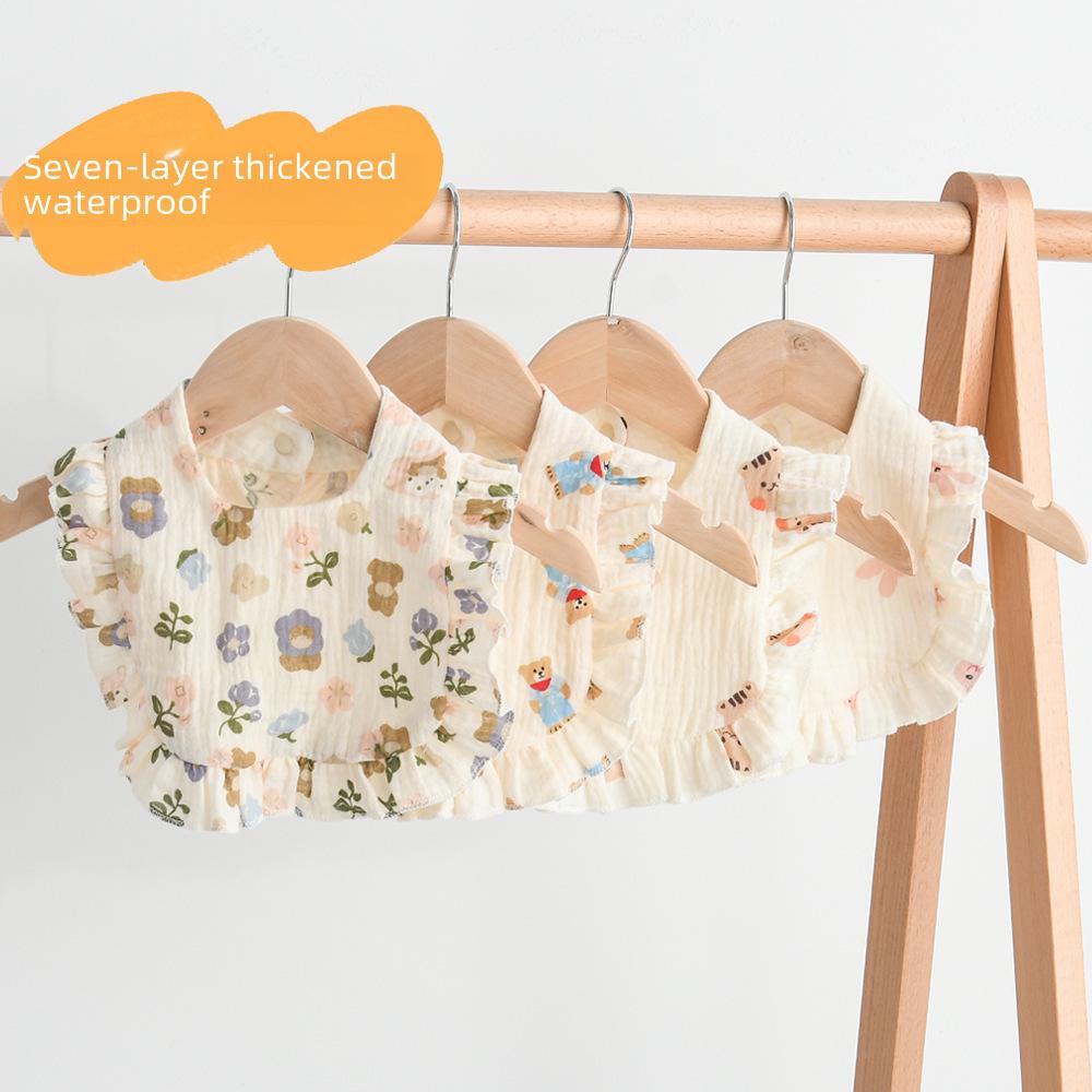 Ruffle Baby Bib: Seven-Layer Waterproof Cotton Gauze with Lace Trim.