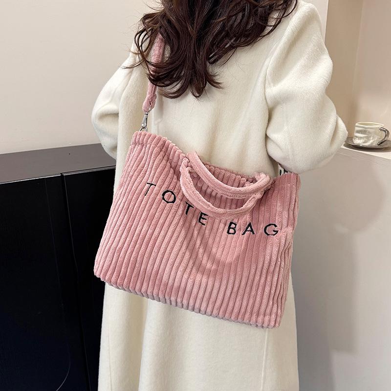 Women's 2025 Fashionable Corduroy Tote Bag with Letter Embroidery - Trendy Single Shoulder Handbag