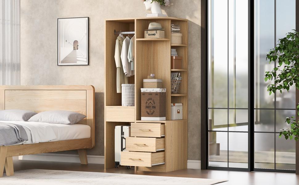 Kleiderschrank 70 × 55 × 175 cm, Mehrere Fachböden, Großer Kleiderstangenbereich, Holzfarbe