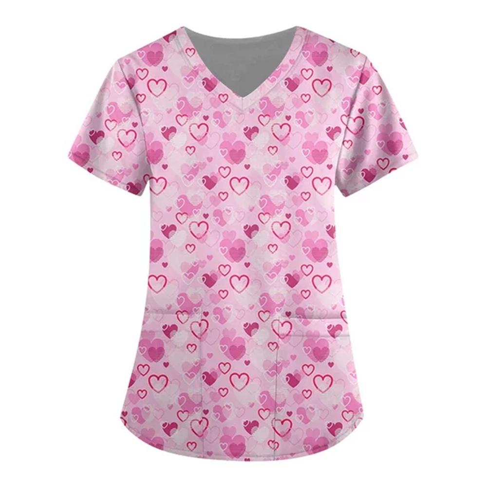 Women Valentines Day Ladies Nurse Uniform Love Print Gradient Short Sleeve Pocket Work Shirt Tunics Carer Medical Nursing Blouse