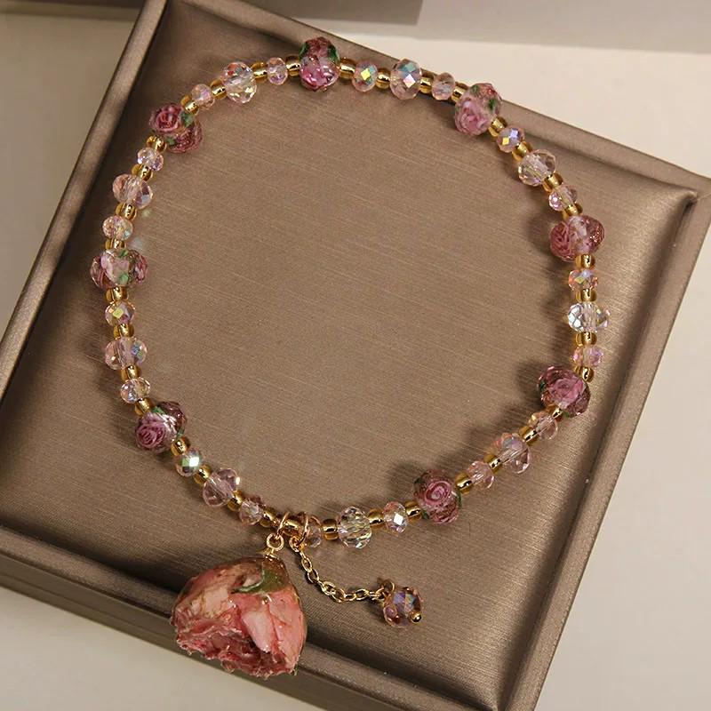 Exquisite Pink Rose Garden Crystal Bracelet & Rose Pendant Anklet for Women