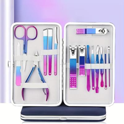 7-15 Pcs Blue-pink Gradient Nail Clipper Set High-quality Manicure Set Nail Scissors Cutters Tools Pedicure Kit Suit In Case Chr