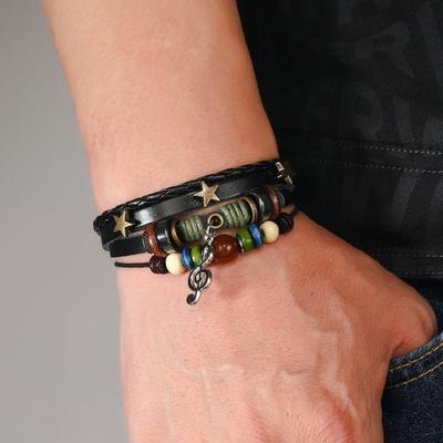 Unisex-Armband, Perlen, Musik-Skala-Anhänger, mehrlagig, Vintage-Stil, Ethno-Stil, Kunstleder, Quaste, verstellbar, Stern, Damen- und Herren-Armband