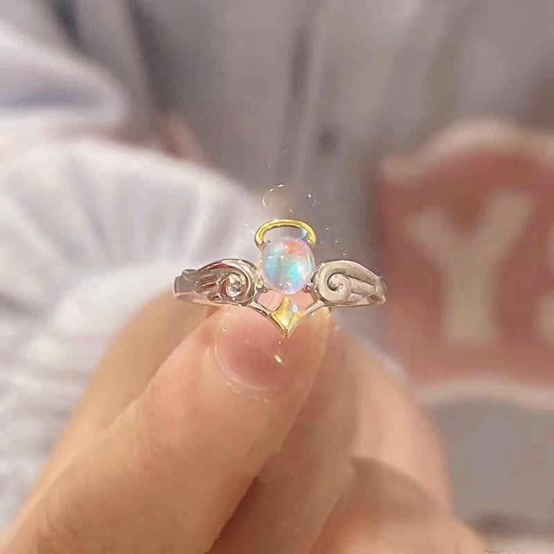 Y2K Opal Angel-Demon Ring: Cute, High-End, Unique Design for Couples and Trendsetters.