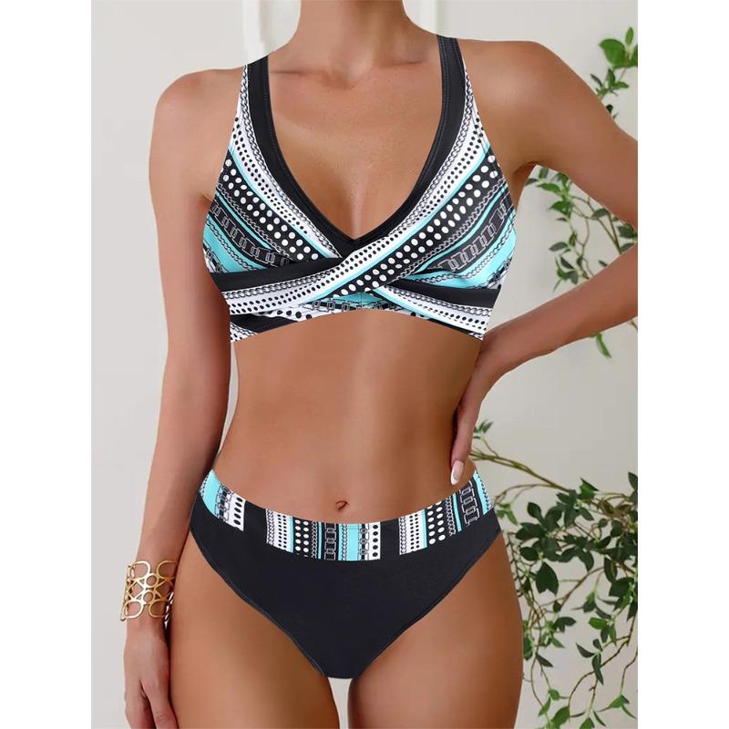 

New women s split bikini striped plus size bikini sexy high waist swimsuit women S синий