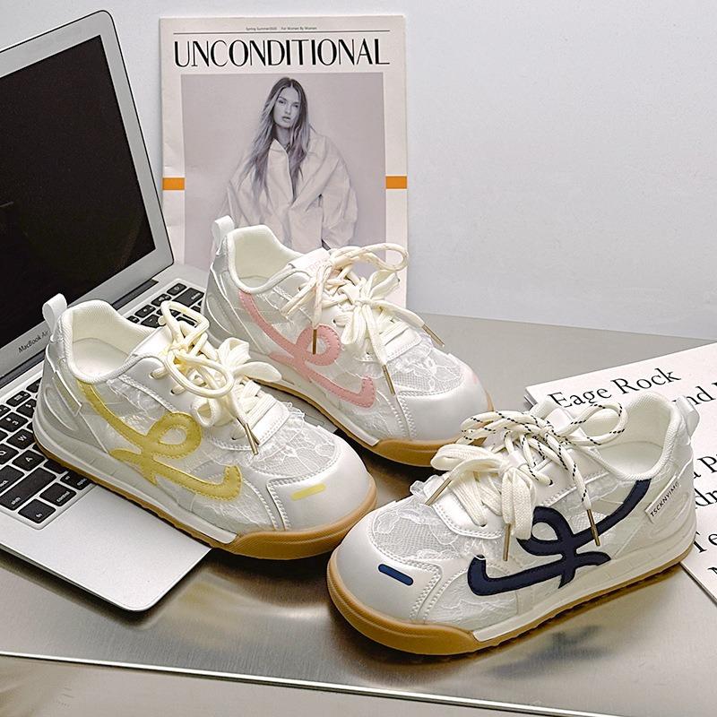 9 Spring and summer new mesh women's versatile breathable casual sports shoes floral dark pattern fashion white shoes