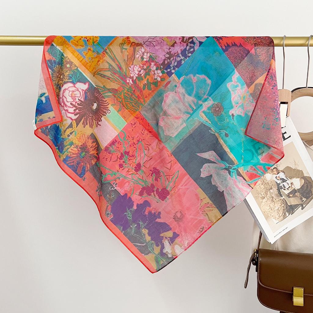 Spring And Summer Light And Breathable 65 * 65Cm Square Scarf Versatile Printed Mulberry Silk Cotton Blended Women'S Silk Scarf