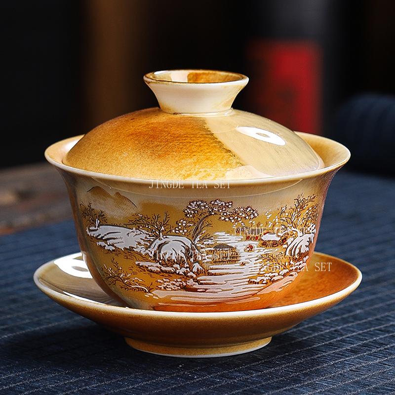 140ml Handbemalte Drei-Talente-Schale mit Deckel Keramik Landschaft Chinesischer Stil Teeschale Chinesischer Haushalt Unterglasurfarbene Teeschale