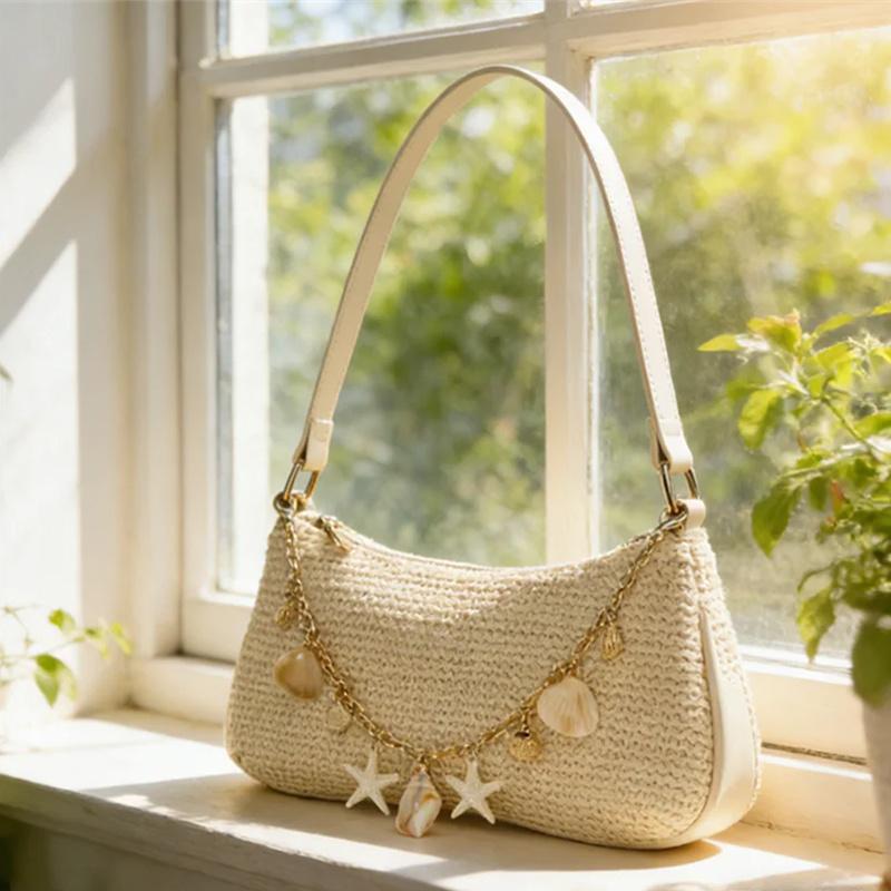 Yogodlns Summer Straw Handbag Purse Chic Weaving Shoulder Bags with Seashell Embellishments Tote Bag for Women Vacation