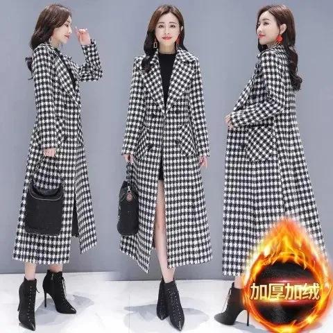 Compound, New Plaid Thickened Coat Women's Long Slim Temperament Fashion Thousand Bird Plaid Woolen Coat Tide