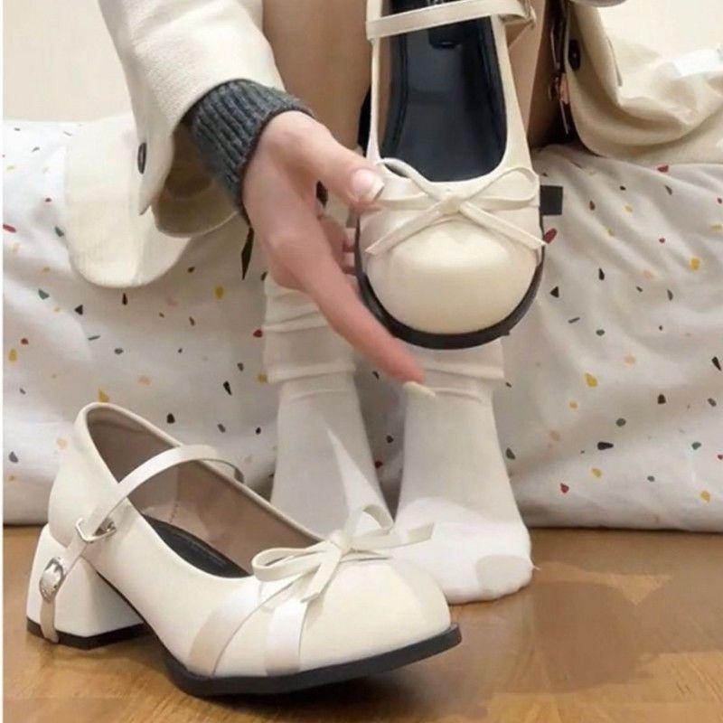 French gentle Mary Jane small leather shoes women's 2025 summer new with skirt bow one-word buckle high-heeled shoes