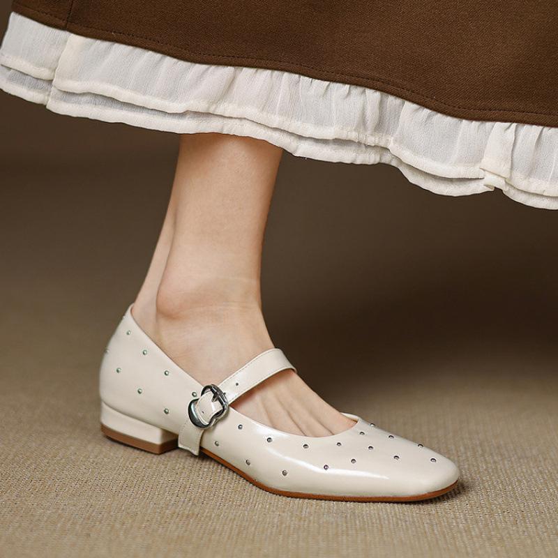 French Casual Women's Single Shoes Retro Mary Jane Shoes Spring and Summer New Versatile Light Mouth Leather Shoes Flat Heel Square Head Commuting