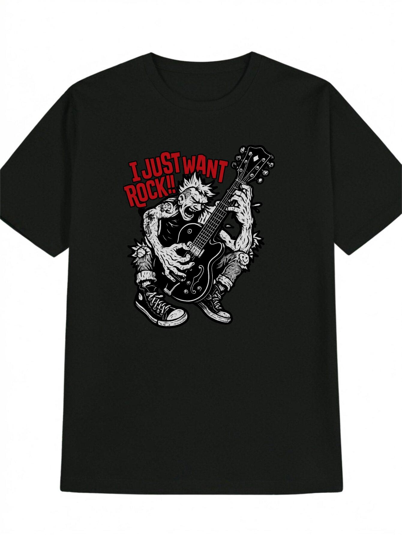

Casual Graphic T-shirt with I JUST WANT ROCK! Print & Guitar Design - Black Round Neck Summer Tee XXXL