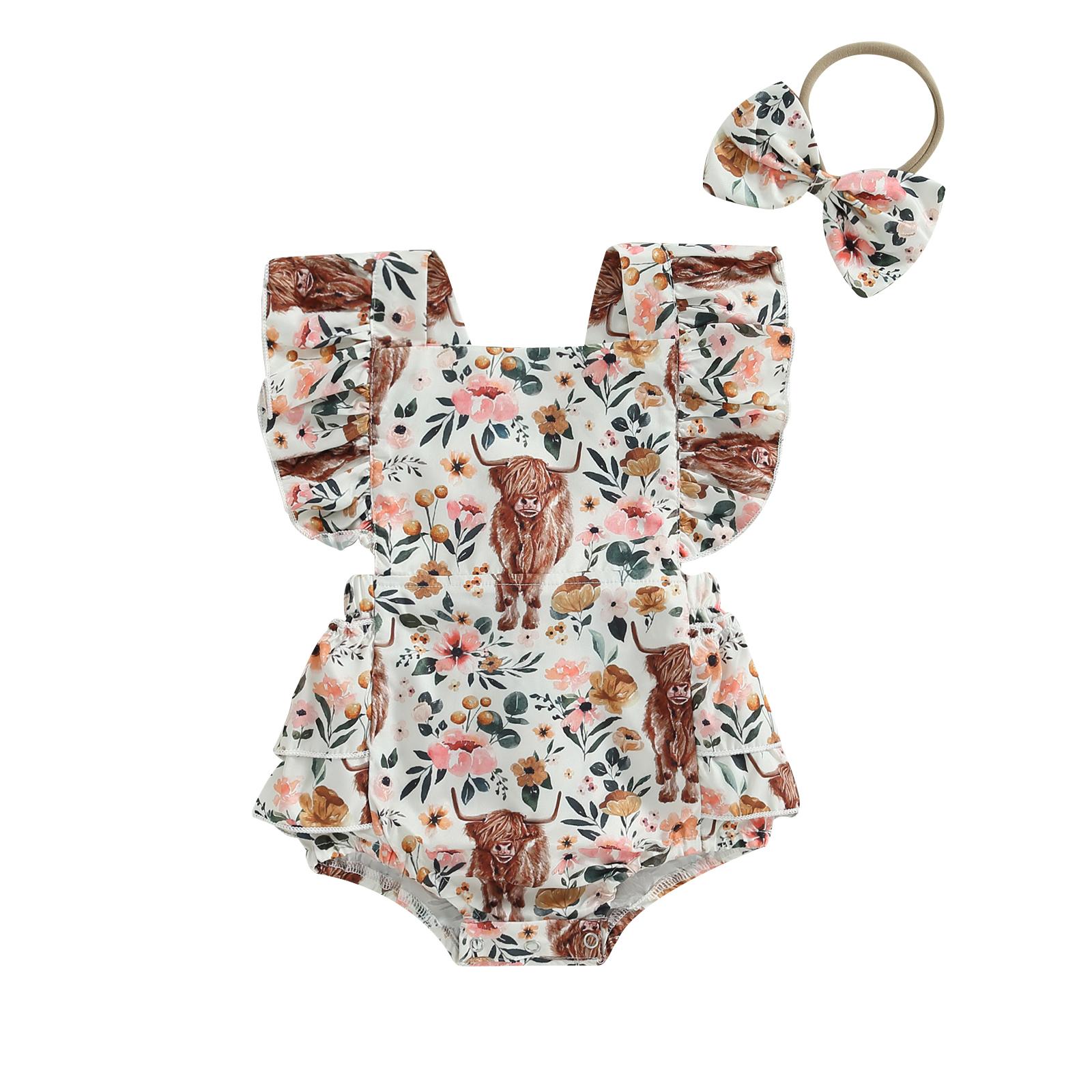 

Детский комбинезон с повязкой на голову, летний комбинезон с рукавами-крылышками и квадратным вырезом, головной убор с принтом быка 0-6 Months