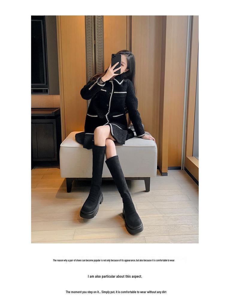 Botas Retro de Ante para Mujer por Encima de la Rodilla con Caña Alta Elástica y Aumento de Altura Interior