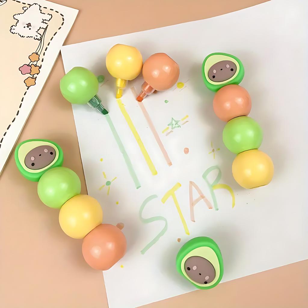 1 Stück 3 Farben Niedliches Avocado-Themen-Highlighter-Set für Schüler - Lustige Cartoon-Graffiti-Marker.