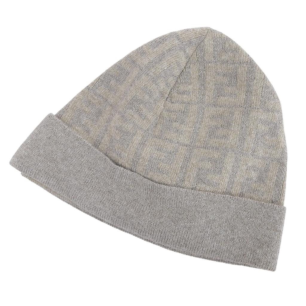 Pristine FENDI Knit cap Cashmere Blend Zucca Pattern Beanie Brown beige wool Used