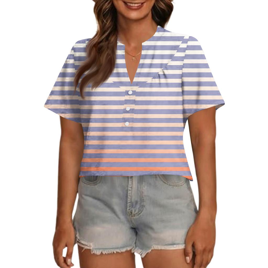 Women's Fashionable Casual V Neck Button Up Oversized Short Sleeve Printed Top