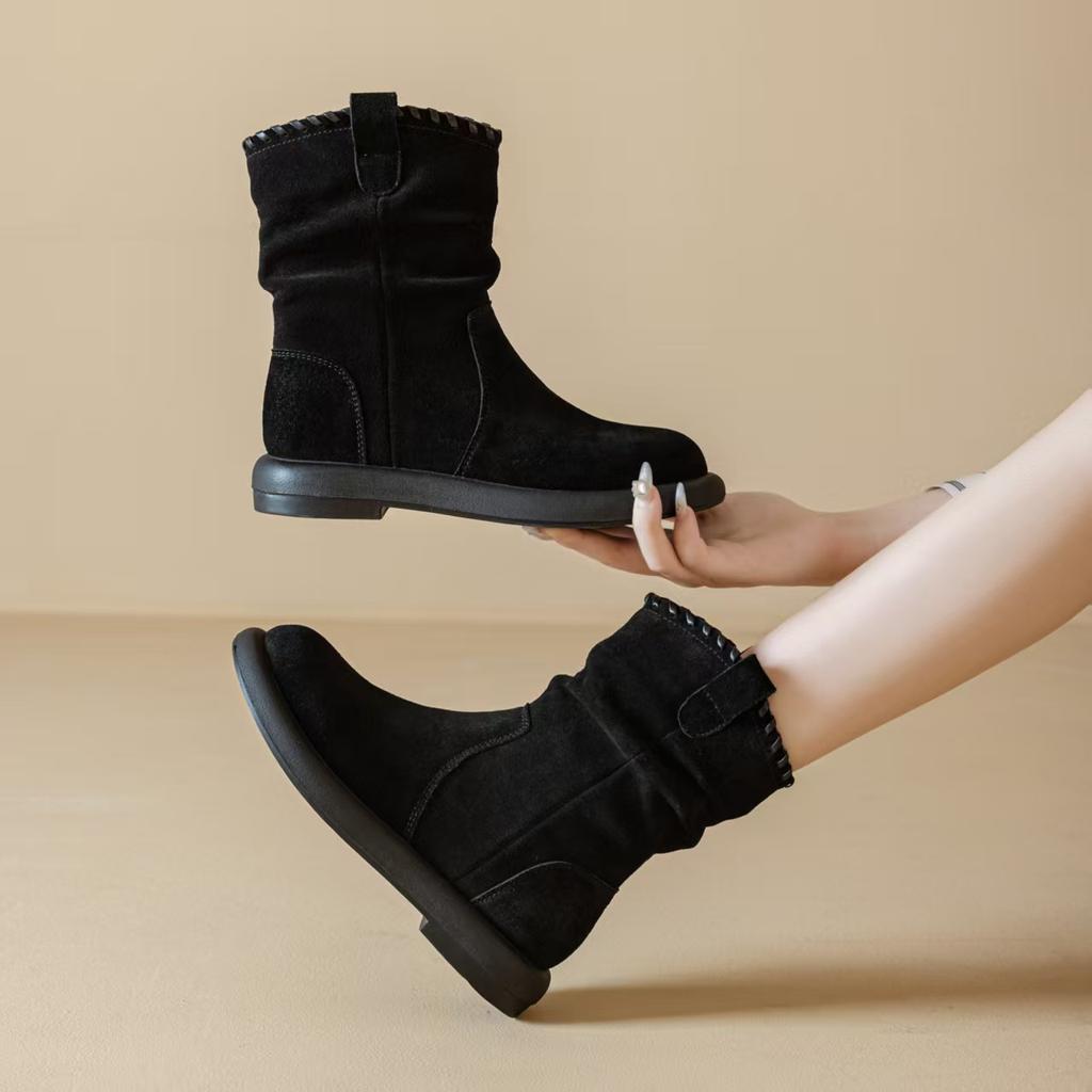 Slimming Round Boots, Women's Shoes, Retro Casual Boots, Versatile Mid-calf Boots