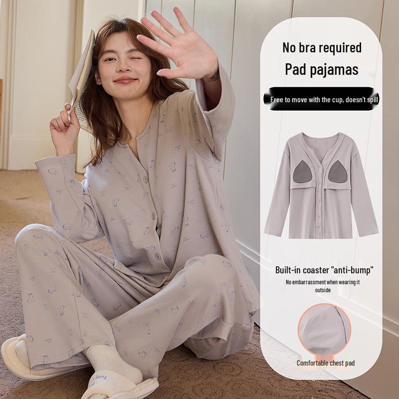 Korean Style Women's Pure Cotton Cartoon Pajama Set with Breast Pads - New 2025 Spring/Autumn Long Sleeve Homewear