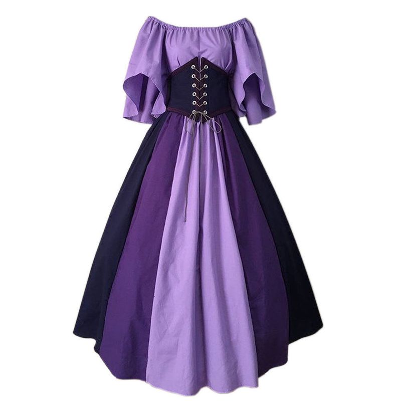 European and American Medieval Retro Color-Blocking Patchwork Dress with Flying Sleeves, Tie-Waist, and Large Hem, Performance Dress Factory