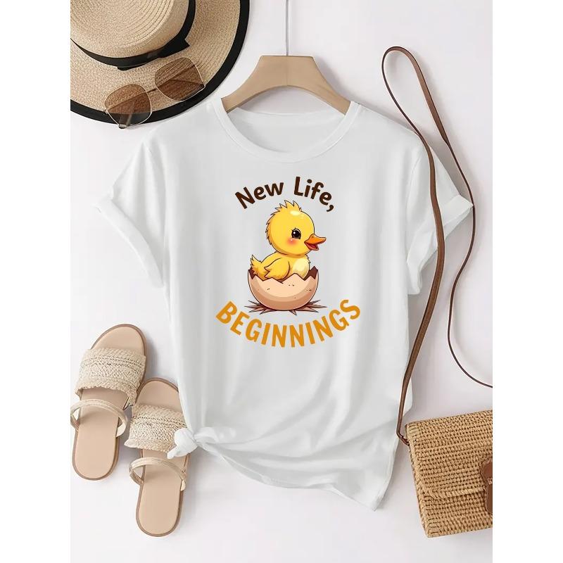 Women Duck Hatching Print Slim Fit T-Shirt Round Neck Short Sleeve Pregnancy Announcement Casual Top