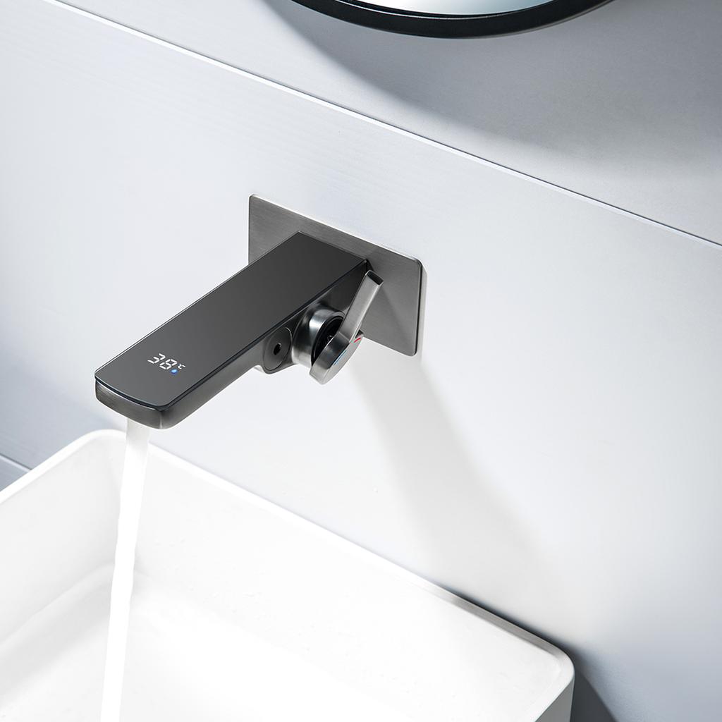 Tuqiu Bathroom Basin Faucet Brass Wall Mouted Gray Sink Faucet Digital Display Faucet Hot & Cold Wash Faucet Water Tap