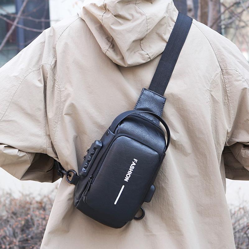 Men's Chest Bag Anti-theft USB Business Messenger Bag Multifunctional Water Repellent Shoulder Bag PU Commuter Backpack Men