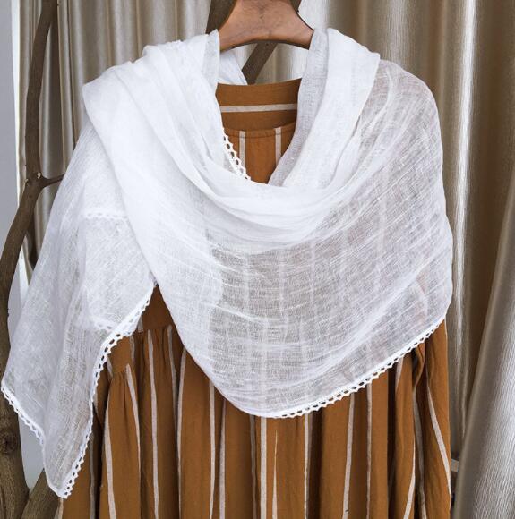 Spring And Autumn Thin Pure Linen Scarf Lace Design Pure White Scarf Ladies Summer Scarf Linen Outdoor Scarves