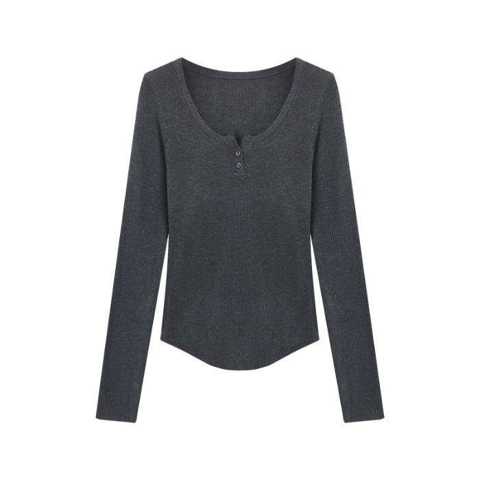 

Женский облегающий трикотажный топ с длинным рукавом и полуоткрытым воротником с пуговицами, 2025 One Size серый