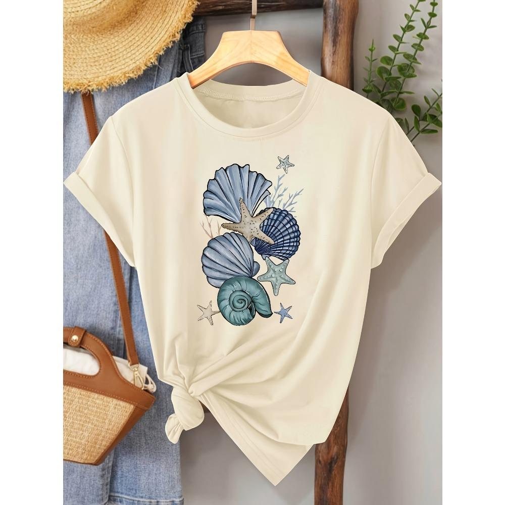 Women's Casual Short Sleeve with Seashell Starfish Graphic Print Harajuku Short Sleeve Casual Women's T-shirt Summer Clothing