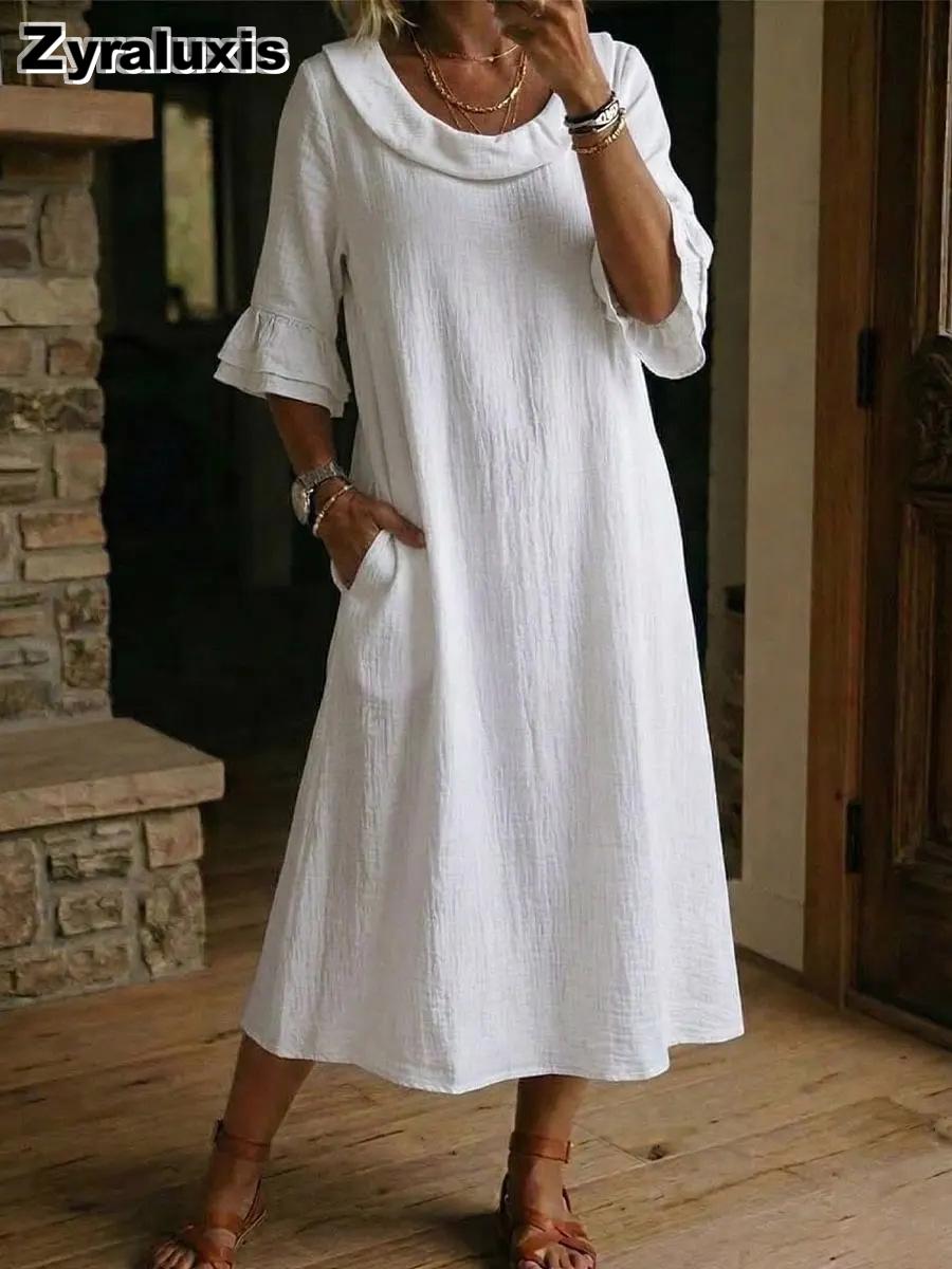 Women s Summer New Elegant Fashion Round Neck Cotton Dress S