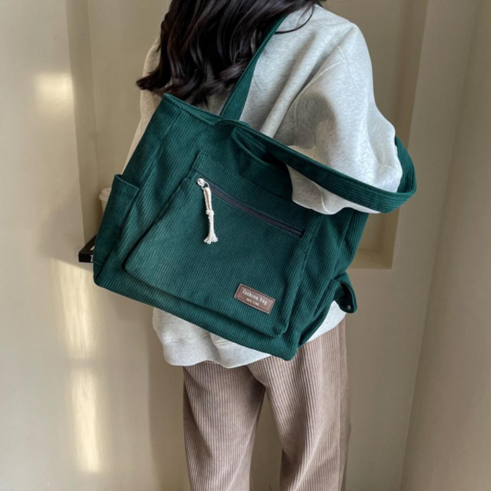 Simple Corduroy Tote Bag, Solid Color Shoulder Bag, Retro Multi Pockets Handbag for School Work Shopping Tote Bags for Women