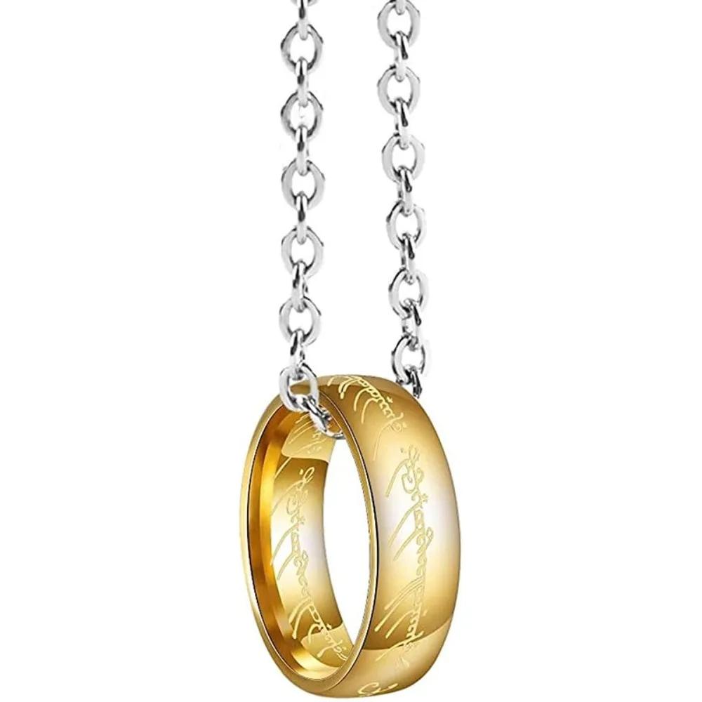 Stainless Steel Engraved Gold Plated Ring Pendant Necklace |Hypoallergenic Unisex Jewelry Adjustable Chain Couple Gift
