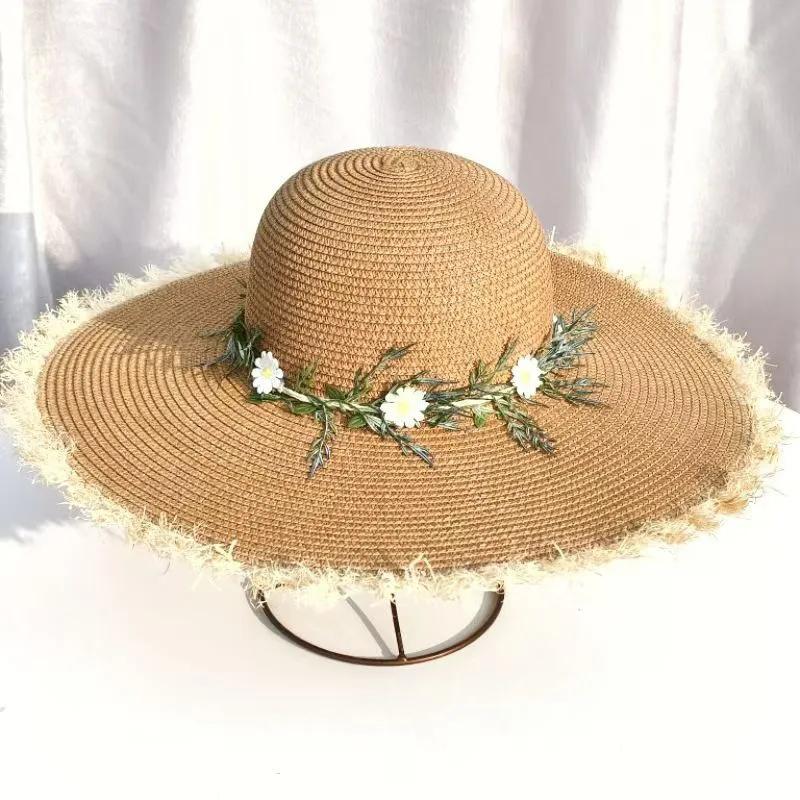 WTEMPO Solid Color Elegant Flowers Sun Hats Women Spring Summer Wide Brim Outdoor Breathable Foldable Beach Sunscreen Hats