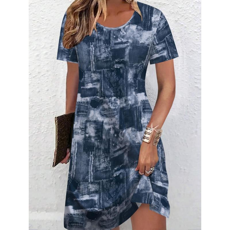 Women's Summer Short-Sleeve Minimalist Color-Blocked Dress—Loose-Fitting Breathable Fashionable Casual Beach Dress