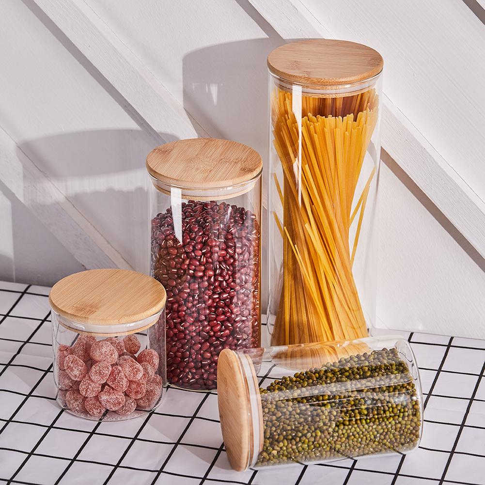 4PCS Glass Airtight Storage Jar Set, Clear Jars with Bamboo Lids, Ideal for Storing Nuts,Candy,Spices,Pasta,Coffee and Snacks, Birthday Holiday Gift