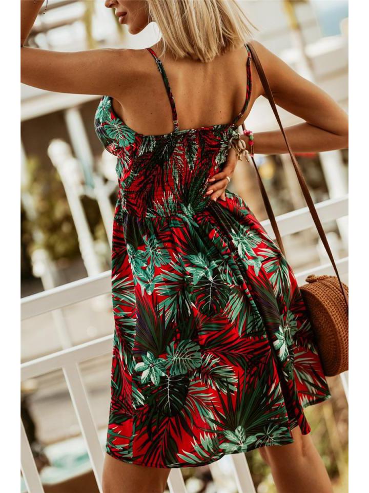 2024 European & American V-Neck Printed Sexy Suspender Waist-Cinching Dress