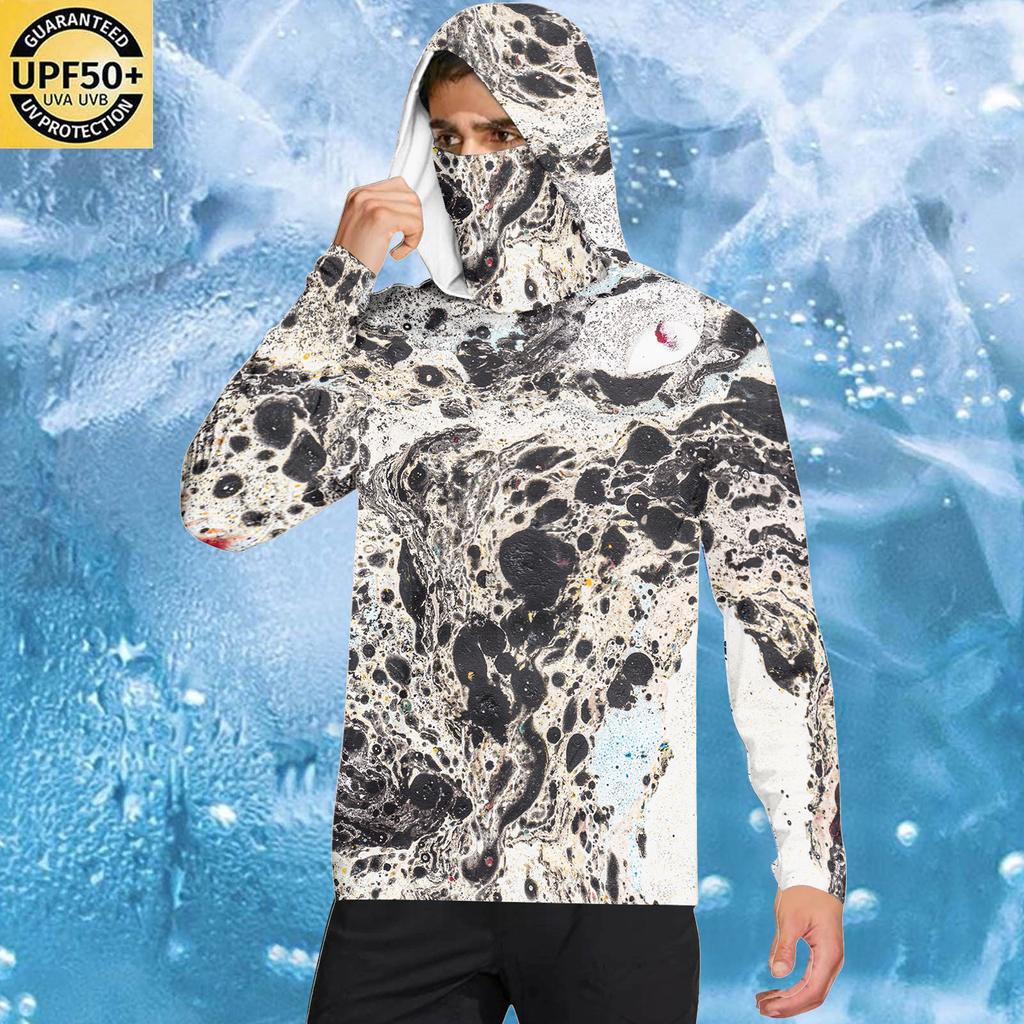Long Sleeve Hooded Pullover with Face Covering Abstract Printed Lightweight Breathable Fabric for Men and Women