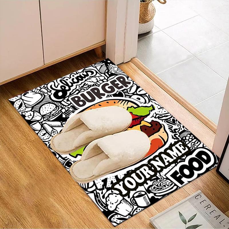 1PC Custom Name Delicious Burger Artwork Theme Floor Mat Ideal for Living Room, Game Rooms, Office, Bedroom, Floor Mat Playful Design
