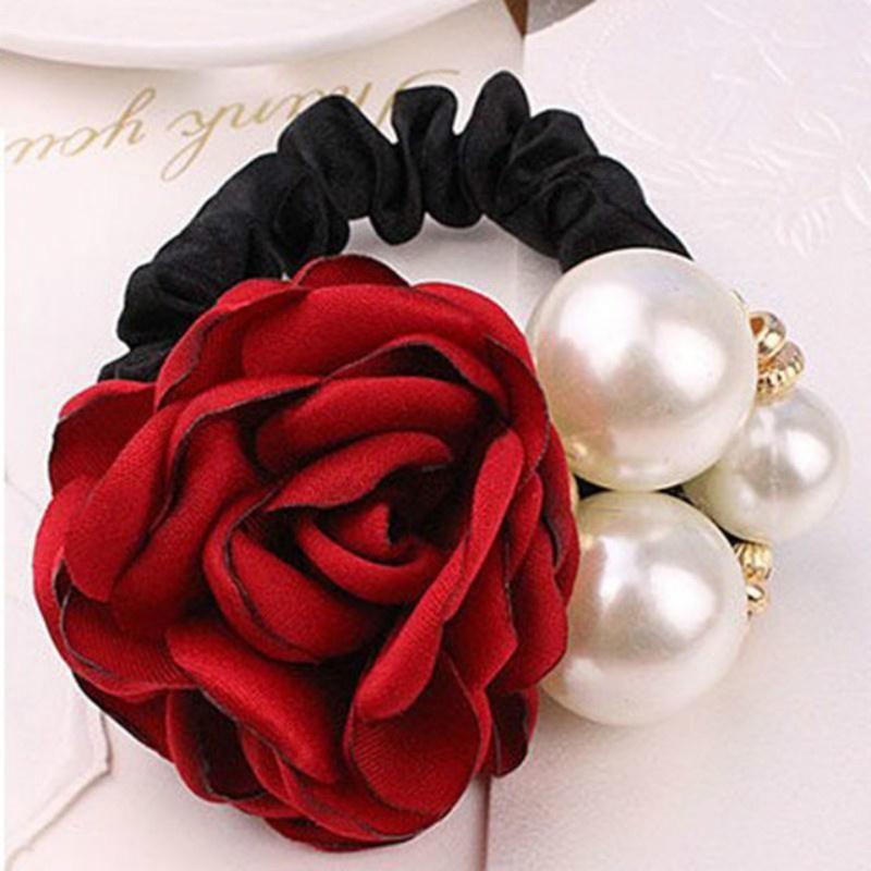 Fashion Women Hair Decoration Gifts Tissu Rose Fleur Cheveux Perles Hairband Queue De Cheval Titulaire Corde Anneau Accessoires